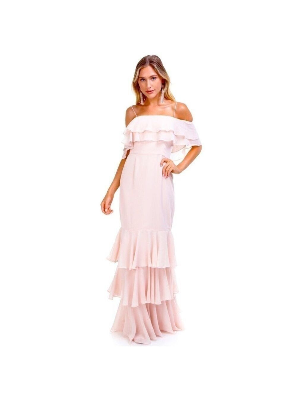 WAYF LAUREN OFF SHOULDER RUFFLE MAXI DRESS in Soft Peach Blush Size Small